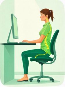 Persona sentada con postura correcta en escritorio, demostrando buena alineación corporal