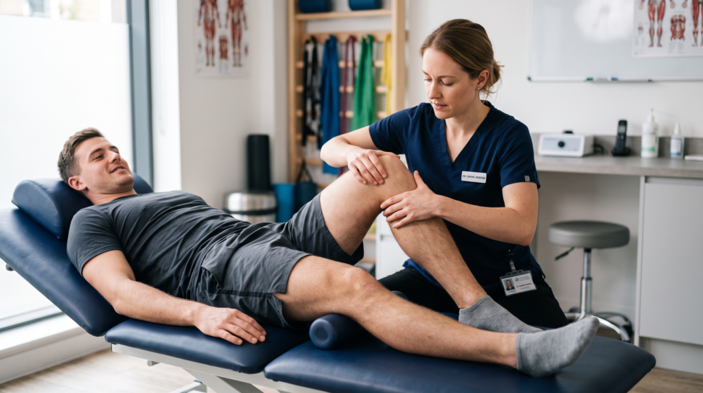 Especialista en quiropractica para ayudar a un paciente en el dolor de rodilla